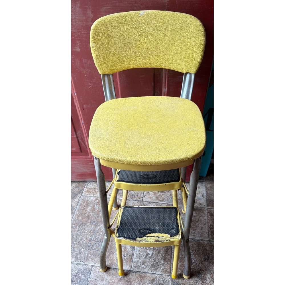 Vintage Marsh Allan Step Stool Chair Yellow Chrome Mid Century Modern Kitchen